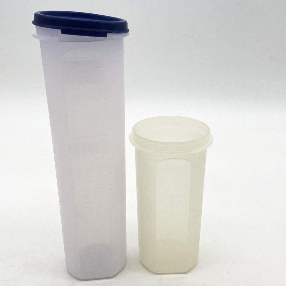 Vtg Tupperware Clear Food Storage Canister Blue Lid Cylindrical Modular Mate